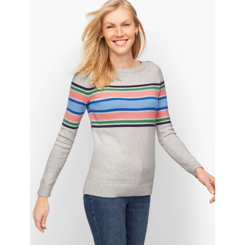 Talbots Racer Striped Soft Button Shoulder Bateau Neck Sweater Women Size L Gray